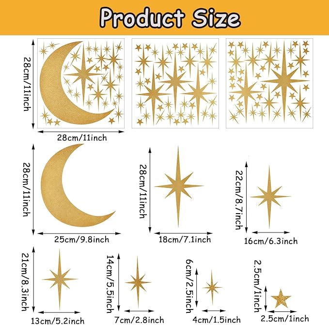 104 Pcs Star and Moon Wall Decals - Peel and Stick Window Clings Glitter Stars Wall Stickers for Living Room, Bedroom, Nursery Decor