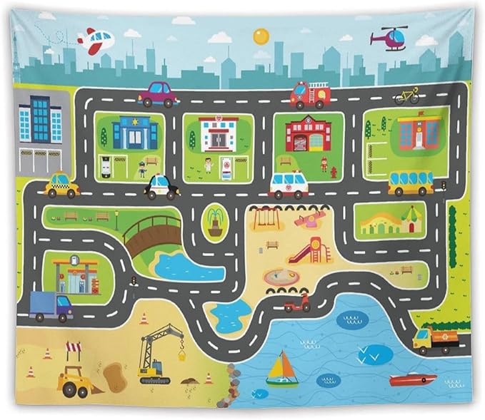 ZhiRain Kid Truck Tapestry Wall Hanging for Boys Construction Car Tractor Cartoon Cute City Street Map Traffic Tapestries Home Decor for Living Room Bedroom Apartment Farmhouse Dorm 50"x60"