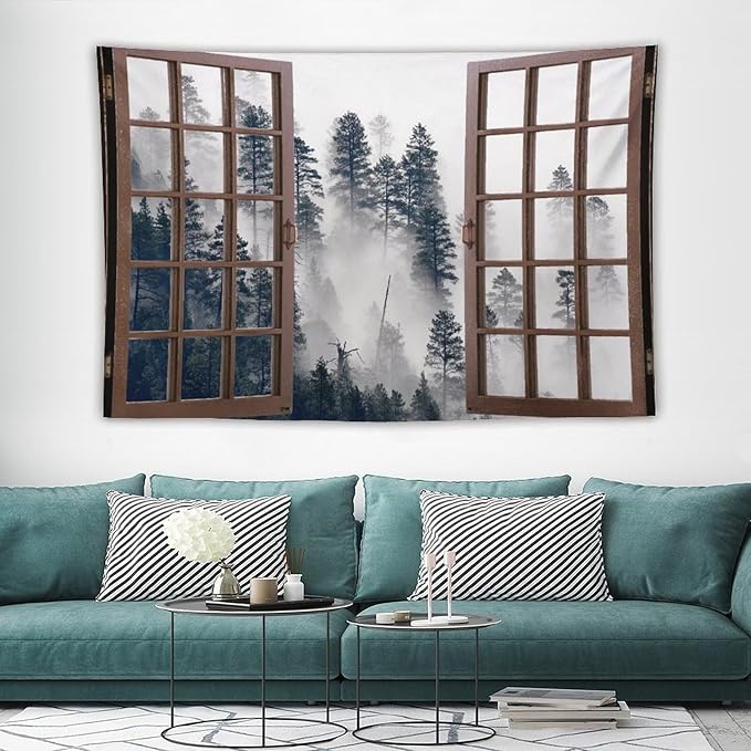 ZhiRain Misty Forest Landscape Tapestry Wall Hanging Wooden Window Forest Mountain Tree Scenery Tapestries Home Decor for Living Room Bedroom Apartment Farmhouse Dorm 60"x90"
