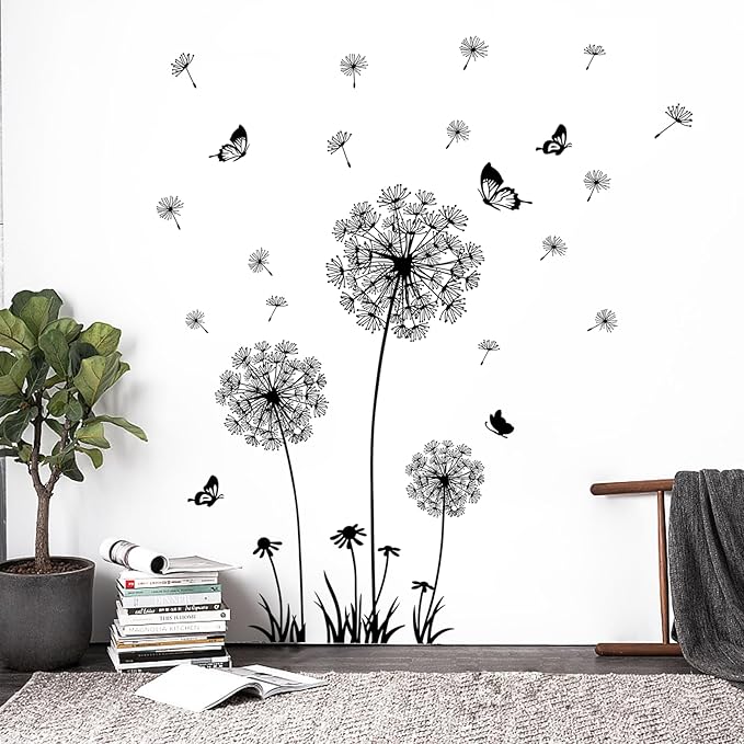 2 Sheets Dandelion Wildflower Wall Decals Art, Wall Art Stickers Peel and Stick Floral Butterflies Flying Decor for Girls Kids Women Baby Nursery Living Room Bedroom Bathroom Hallway Stairwell(Black)