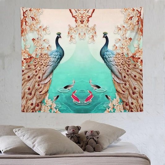 ZhiRain Peacock Tapestry Wall Hanging Retro Floral Elegant Vintage Feather Flower Theme Koi Fish Tapestries Home Decor for Living Room Bedroom Farmhouse Apartment Dorm 50"x60"