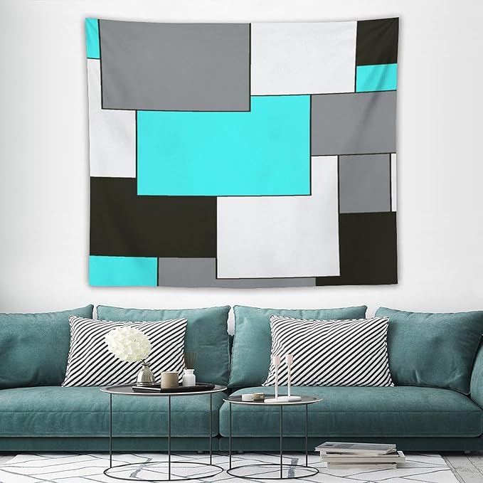 ZhiRain Modern Tapestry Wall Hanging Teal Turquoise And Gray Black Tapestries Home Decor for Living Room Bedroom Farmhouse Apartment Dorm 50"x60"