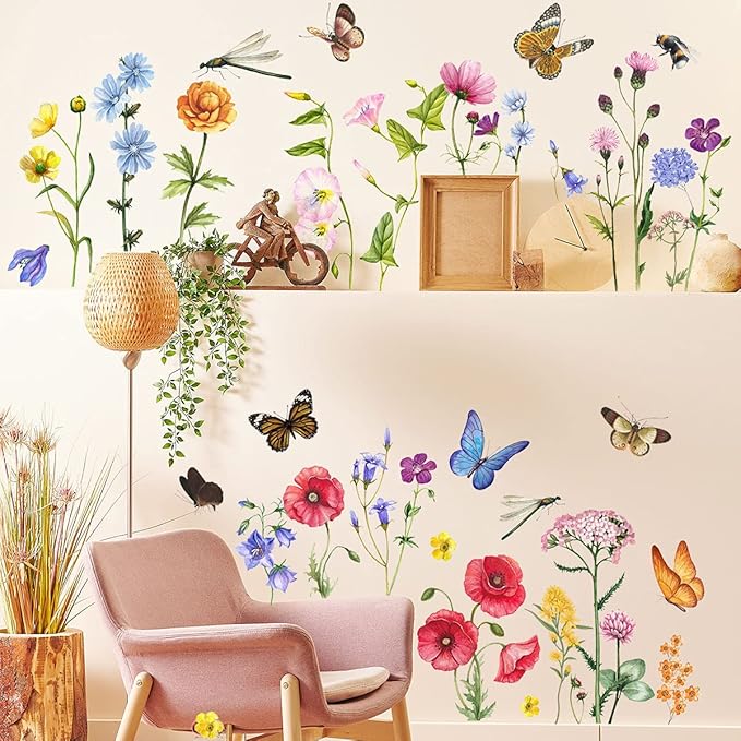 6 Pieces Flowers Wall Decals Vinyl Flowers Wall Stickers Removable Floral Murals Peel and Stick Colorful Flower Decor for Girls Bedroom Living Room Nursery (Butterfly and Dragonfly)
