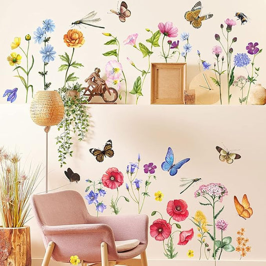 6 Pieces Flowers Wall Decals Vinyl Flowers Wall Stickers Removable Floral Murals Peel and Stick Colorful Flower Decor for Girls Bedroom Living Room Nursery (Butterfly and Dragonfly)