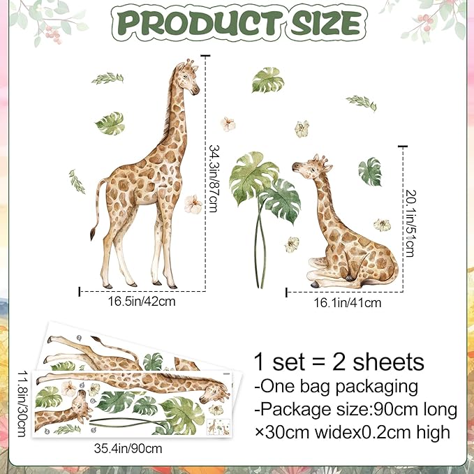 AM AMAONM Removable 3D Nature Jungle Wild Animals Wall Stickers DIY Peel and Stick Safari Giraffe and Tropical Leaves Wall Decals Aniaml Wall Art Decor for Kids Baby Bedroom Nursery Living Room