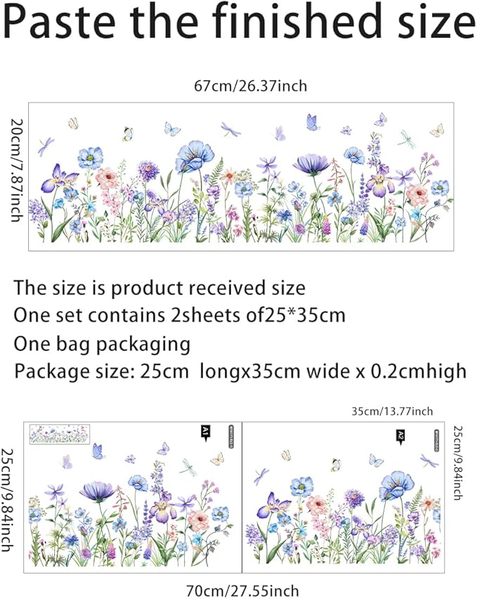 2 Pieces Purple Flowers Wall Decals Vinyl Purple Flowers Wall Stickers Removable Floral Art Murals Peel and Stick Colorful Decor for Girls Bedroom Living Room Nursery