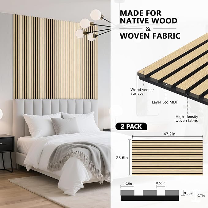 Acoustic Wall Panels, 2 Pack Wood Slat Wall Panel, Soundproof Wall Panels, 3D Textured Wall Decor for Ceiling and Wall, 23.6" x 47.2", in Oak Finish