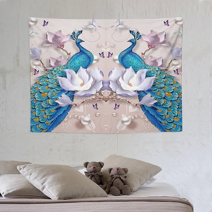 ZhiRain Peacock Tapestry Wall Hanging Beautiful Bird Flower Pearl Watercolor Pattern Print Tapestries Home Decor for Living Room Bedroom Farmhouse Apartment Dorm 30"x40"