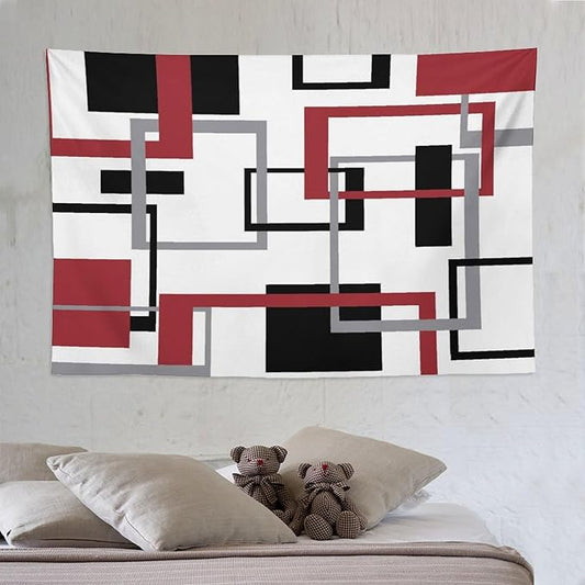 ZhiRain Red Tapestry Wall Hanging Mid Century Modern Geometric Abstract Red Black Grey Square White Backdrop Tapestries Home Decor for Living Room Bedroom Apartment Farmhouse Dorm 60"x90"