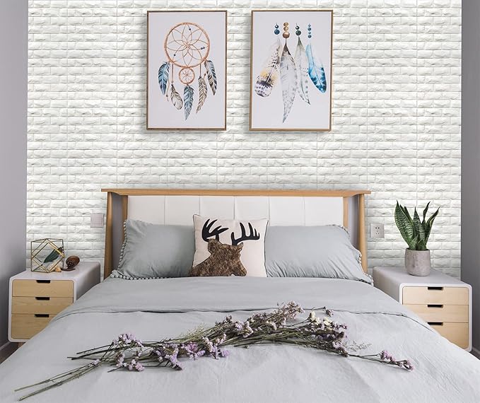 YU LI 3DH 3D Wall Panels Peel and Stick 30PCS White Foam Brick Wallpaper for Bedroom Faux Stone Wall Panel Self-Adhesive Wallpaper (30PCS-29 Sq Ft, White)