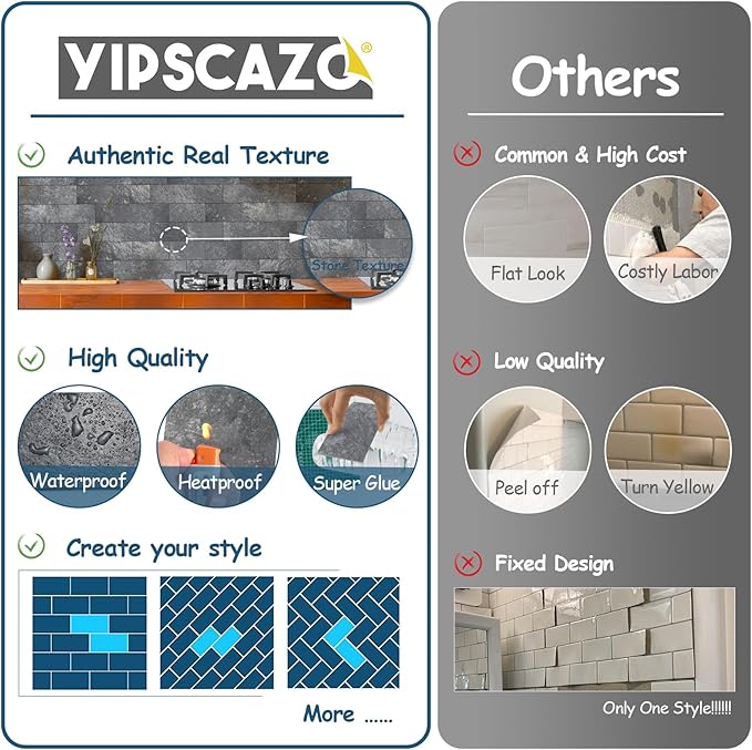 Yipscazo 2025 New Upgrade Peel and Stick backsplash 3 x 6 Inches 3D PVC Composite Wall Tile Stick on Backsplash Tile for Kitchen Bathroom, Laundry Room, Fireplace(Stone Black Rocks, 160 Pieces)