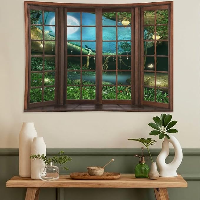ZhiRain Fantasy Landscape Tapestry Wall Hanging Wooden Window Enchanted Forest Green Jungle Magic Full Moon Plant Night Scene Tapestries Home Decor for Living Room Bedroom Apartment Farmhouse 50"x60"