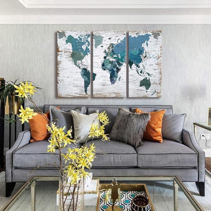 ZEYDRT Teal blue Wall Art Watercolor Abstract Wall Decal Large Office Canvas Wall Art 24in x48in x3 Painting for Bedroom Decoration for Living Room 3 piece Blue Artwork for Walls