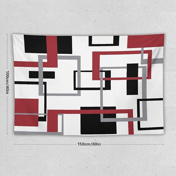 ZhiRain Red Tapestry Wall Hanging Mid Century Modern Geometric Abstract Red Black Grey Square White Backdrop Tapestries Home Decor for Living Room Bedroom Apartment Farmhouse Dorm 40"x60"