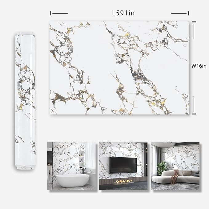 White Glossy Gold Veins Marble Contact Paper peel and stick Countertops Granite kitchen Wallpaper Adhesive 16x591inch Vinyl laminate sheets cabinets sticker Bathroom removable for Walls Wrapping Paper