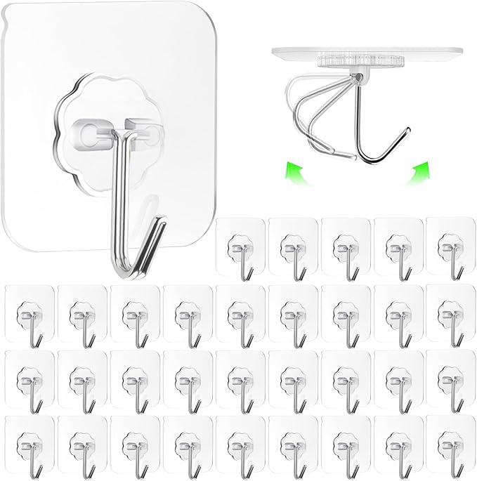 ZESLMG Adhesive Wall Hooks for Hanging, 32 Pack Self Sticky Hooks Heavy Duty 22lb Clear, Removable Shower Hook No Damage for Towel Key Coat Wreath Picture Outdoor Ceiling Bathroom Kitchen, Waterproof