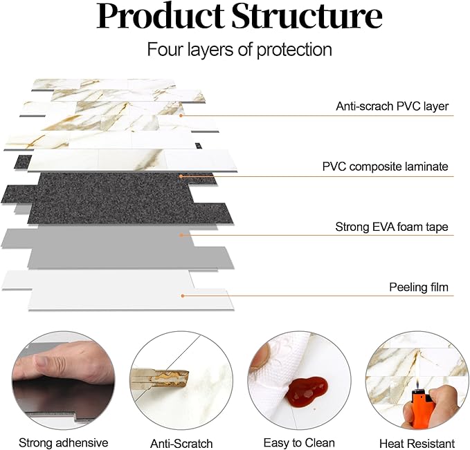 10-Pack Peel and Stick Tile Backsplash 12"X12" PVC Wall Tiles, Stick on Backsplash for Kitchen, Bathroom Tile, Fireplace Décor, Laundry Table, Stair Decals in Cala Golden