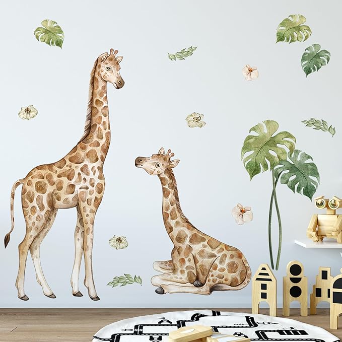 AM AMAONM Removable 3D Nature Jungle Wild Animals Wall Stickers DIY Peel and Stick Safari Giraffe and Tropical Leaves Wall Decals Aniaml Wall Art Decor for Kids Baby Bedroom Nursery Living Room