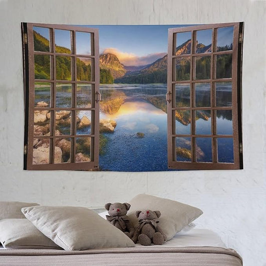 ZhiRain Mountain Scenery Tapestry Wall Hanging Wooden Window View Beautiful Lake Landscape Tapestries Home Decor for Living Room Bedroom Apartment Farmhouse Dorm 60"x90"