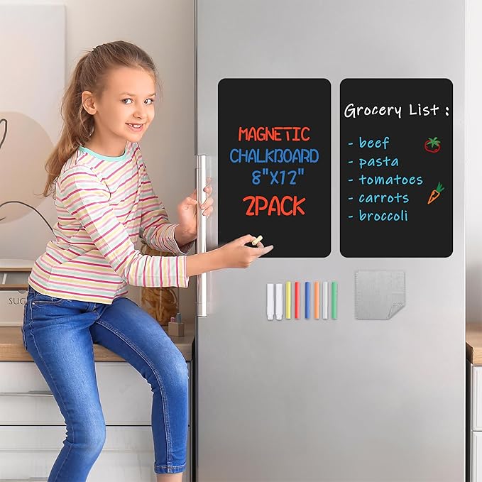 Yunihome Magnetic Black Dry Erase Board for Refrigerator 2pack, 8" x 12"Chalk Board Contact Paper Decal for School, Office, Kitchen Fridge, Kids Drawing with Dustless Chalk, Holder and Magnets