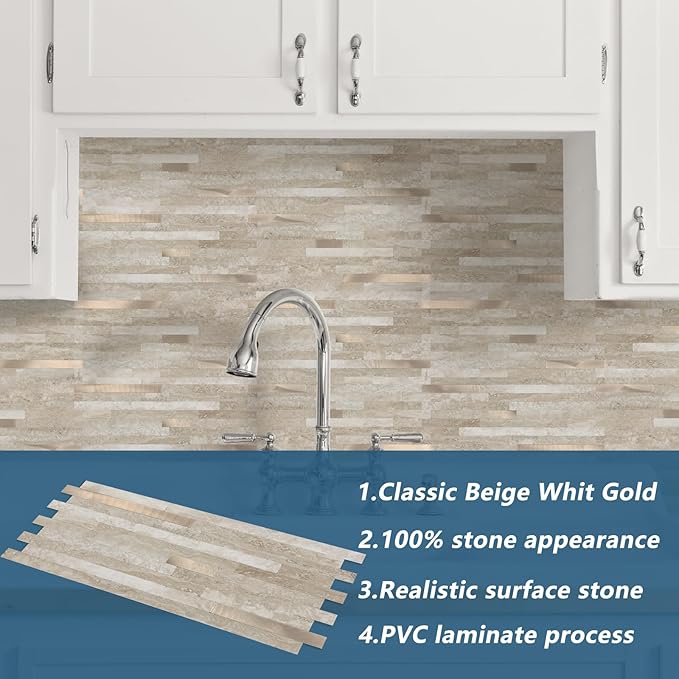 Yipscazo 40 Sheets PVC Wall Tiles Stick on Tiles for Backsplash Kitchen, Bathroom, Laundry Room, Camper, Fireplace (6'' X 12'', Rock)