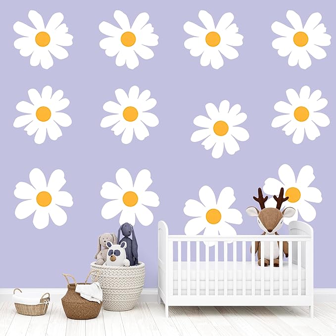 12 Sheets Daisy Wall Decals Big Daisy Wall Stickers White Flower Wall Stickers Peel Floral Stickers for Kids Girls Nursery Playroom Bedroom Living Room Wall Décor
