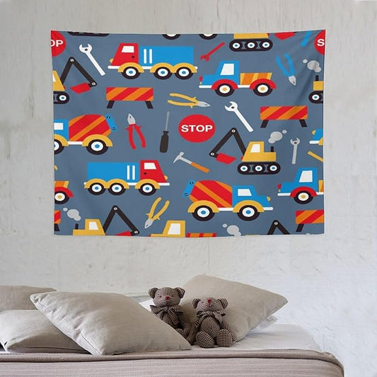 ZhiRain Cartoon Bulldozer Truck Tapestry Wall Hanging for Kids Bedroom, Cartoon Tractor Tapestries Home Decor for Living Room Bedroom Apartment Farmhouse Dorm 30"x40"