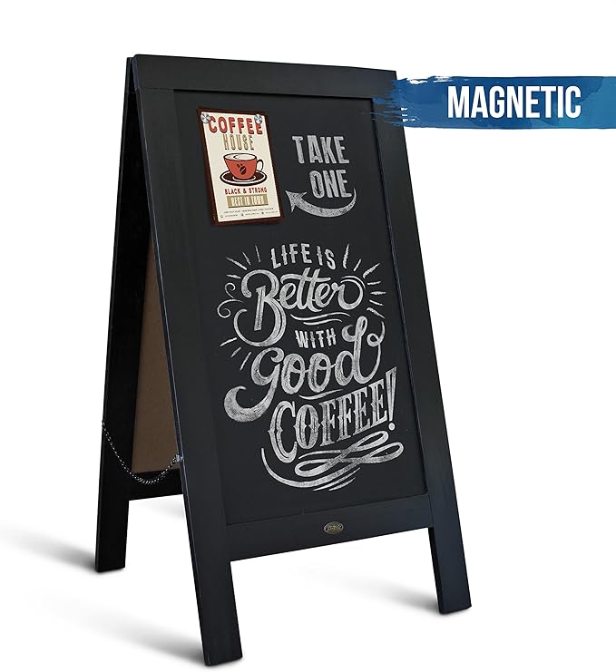 A Frame Chalkboard with Chalk Markers by HBCY Creations: 40x20 Solid Wood A-Frame Sign Gray Double-Sided Magentic Menu Board, Deluxe Set Includes 8 Chalk Markers, 10 Stencils, 2 Magnets