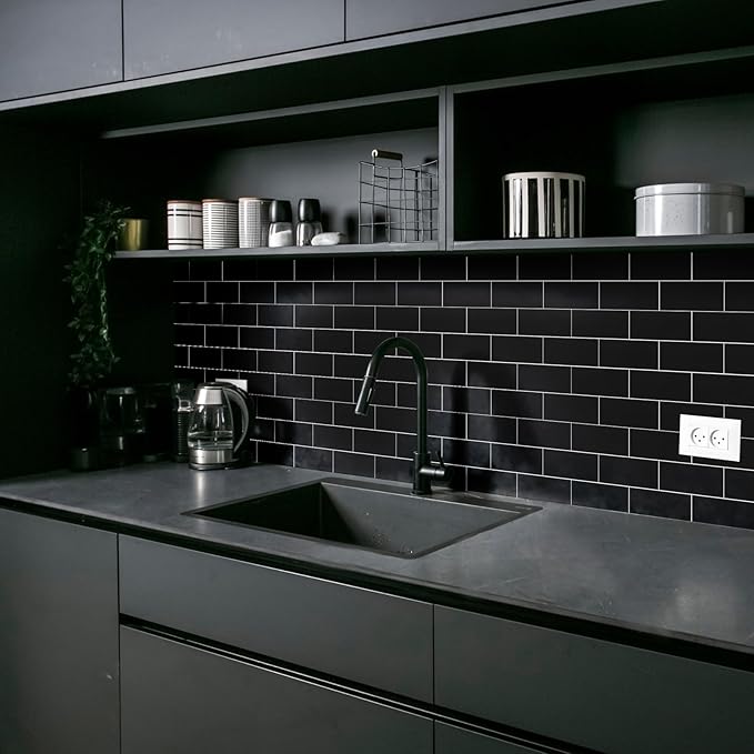 20-Pack Peel and Stick Tile Backsplash 12"X12" PVC Wall Tiles, Stick on Backsplash for Kitchen, Bathroom Tile, Fireplace Décor, Laundry Table, Stair Decals in Black
