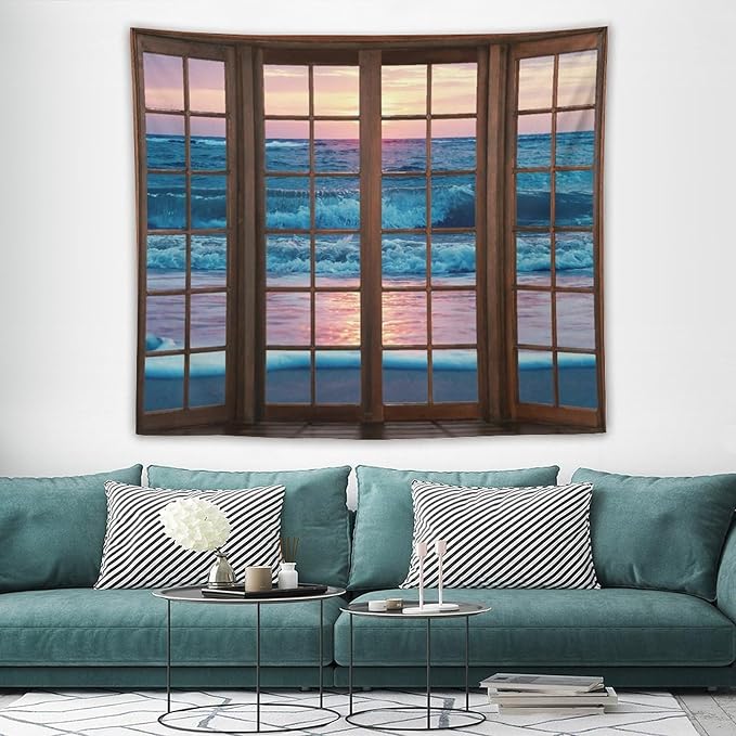 ZhiRain Landscape Tapestry Wall Hanging Beach Sand Ocean Waves Seaside Brown Window View Tapestries Home Decor for Living Room Bedroom Apartment Farmhouse Dorm 50"x60"