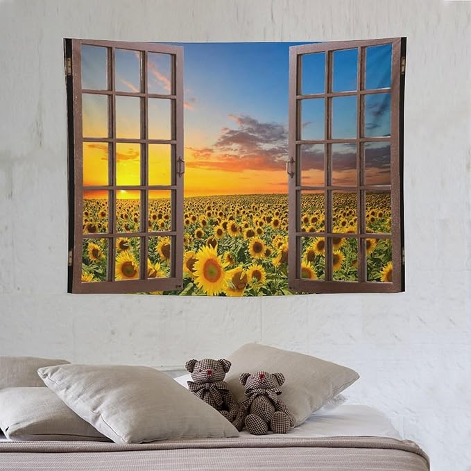 ZhiRain Sunflowers Scenery Tapestry Wall Hanging Through The Window Fields Sunset Landscape Tapestries Home Decor for Living Room Bedroom Apartment Farmhouse Dorm 30"x40"