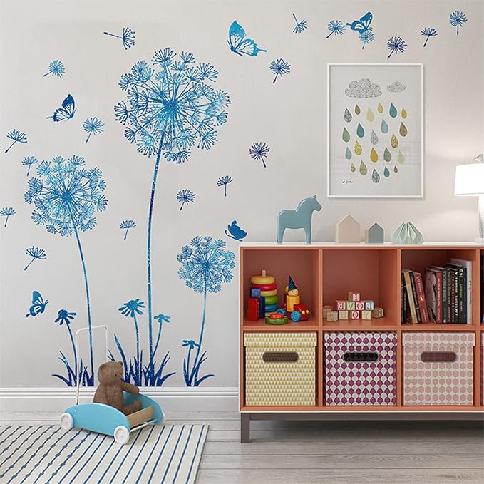 Arawat 2 Set Dandelion Wall Decals - Blue Flower Stickers, Murals, Butterflies Decor for Bedroom, Office, Bathroom, Living Room - Floral Removable Peel and Stick Room Decoration