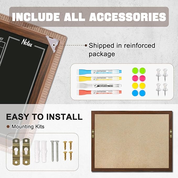 4 THOUGHT Chalkboard Calendar Corkboard Combo, 18" x 24" Bulletin Board Magnetic Calendar Chalkboard for Wall Combination Board Monthly Planner Rustic Brown Frame 4 Markers 8 Magnets 10 Pushpins