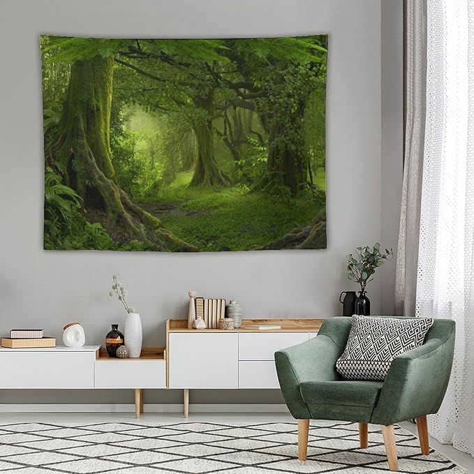 ZhiRain Misty Forest Tapestry Wall Hanging Green Tree in Jungle Forest Nature Scenery Woodland Backdrop Tapestries Home Decor for Living Room Bedroom Farmhouse Apartment Dorm 60"x80"