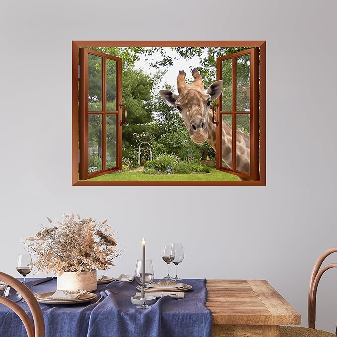 wall26 A Curious Giraffe Sticking its Head into an Open Window Removable Wall Mural - 36"x48"
