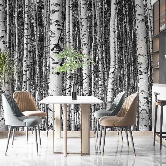 Zeeko Large Birch Forest Wall Mural Peel and Stick Mural for Wall 148"x 98" Black and White Wallpaper Birch Trees Forest 3D Murals Home Decor for Bedroom Livingroom