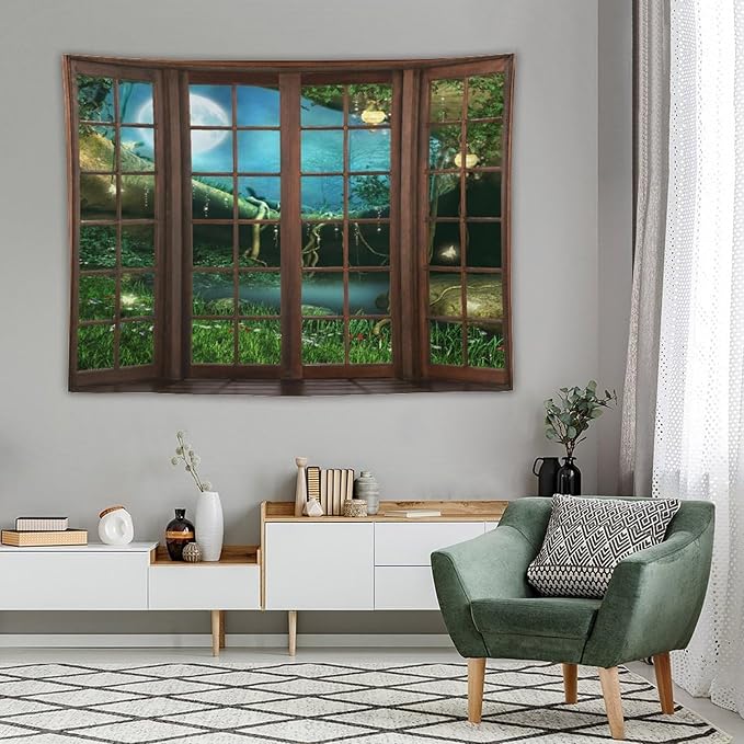 ZhiRain Fantasy Landscape Tapestry Wall Hanging Wooden Window Enchanted Forest Green Jungle Magic Full Moon Plant Night Scene Tapestries Home Decor for Living Room Bedroom Apartment Farmhouse 60"x80"