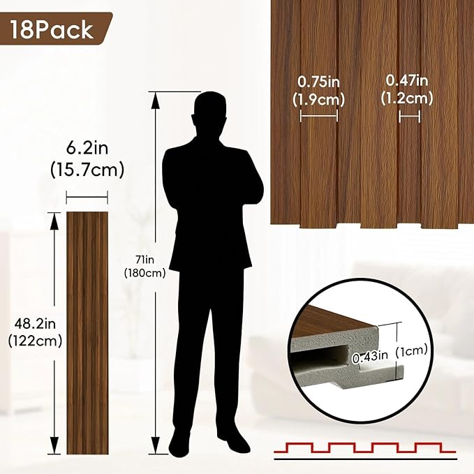 18Pack WPC Wainscoting Panels, 48.2 x 6.2 Inches 3D Accent Wall Panels for Interior Wall Decor, Fluted Wood Paneling for Living Room, TV Background, Office, Bedroom (Teak)