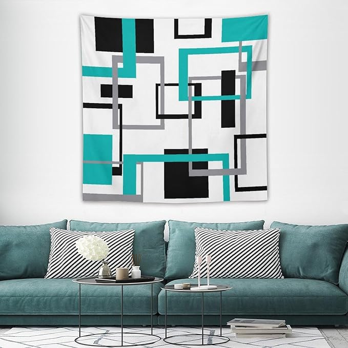 ZhiRain Teal Tapestry Wall Hanging Mid Century Modern Turquoise Abstract Aqua Black Grey Geometric White Backdrop Tapestries Home Decor for Living Room Bedroom Apartment Farmhouse 60"x60"
