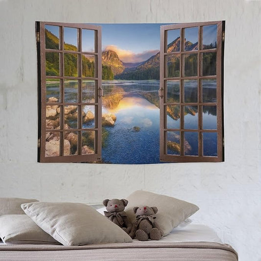 ZhiRain Mountain Scenery Tapestry Wall Hanging Wooden Window View Beautiful Lake Landscape Tapestries Home Decor for Living Room Bedroom Apartment Farmhouse Dorm 30"x40"