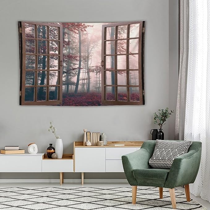 ZhiRain Nature Forest Tapestry Wall Hanging Autumn Mystic Foggy Fall Enchanted Woods Wild Trees Print Tapestries Home Decor for Living Room Bedroom Apartment Farmhouse Dorm 60"x90"