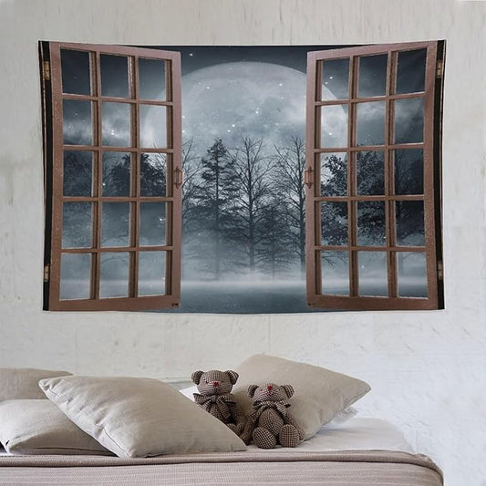 ZhiRain Misty Landscape Tapestry Wall Hanging Dark Black Nature Moon Gothic Tree Scenery Foggy Woodland Tapestries Home Decor for Living Room Bedroom Apartment Farmhouse Dorm 60"x90"