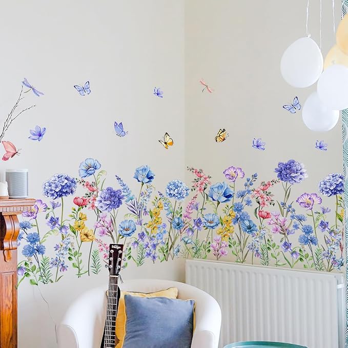 2 Pieces Purple Flowers Wall Decals Vinyl Hydrangea Wall Stickers Removable Floral Art Murals Peel and Stick Colorful Butterfly Decor for Girls Bedroom Living Room Nursery