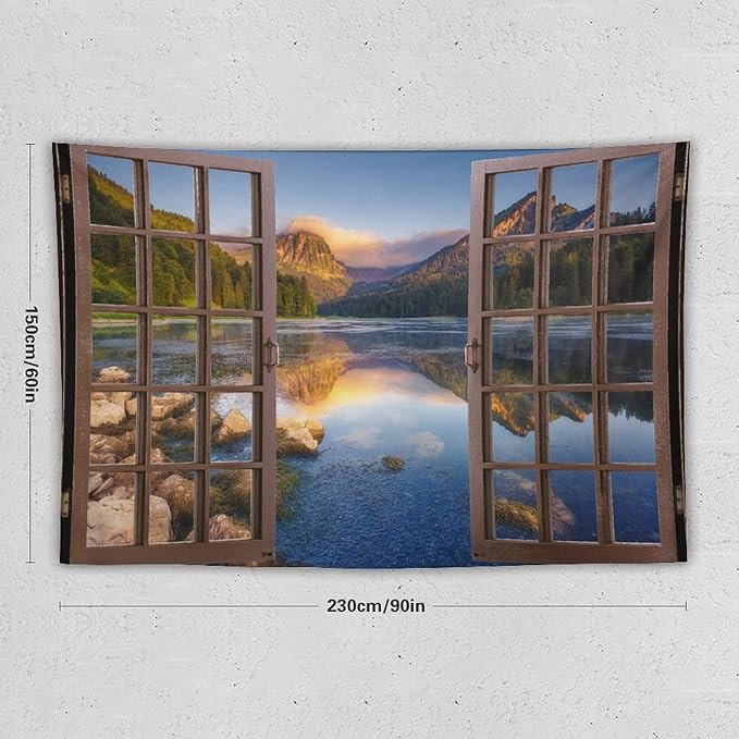 ZhiRain Mountain Scenery Tapestry Wall Hanging Wooden Window View Beautiful Lake Landscape Tapestries Home Decor for Living Room Bedroom Apartment Farmhouse Dorm 60"x90"