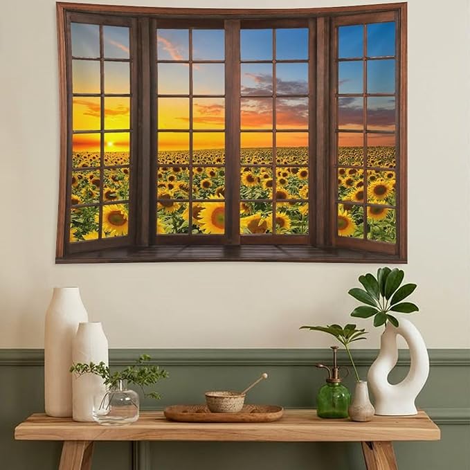 ZhiRain Sunflowers Landscape Tapestry Wall Hanging Through The Window Fields Sunset Scenery Tapestries Home Decor for Living Room Bedroom Apartment Farmhouse Dorm 40"x60"