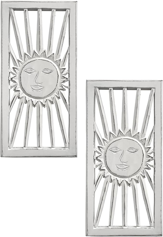 Wood Wall Art - Wall Panels in Handcrafted Carved Wood For Livingroom Bedroom,Dining room,Elegant Decorative Wall Art for Home & Office 8x16" Set of 2 White Antique_Sun Burst Designs