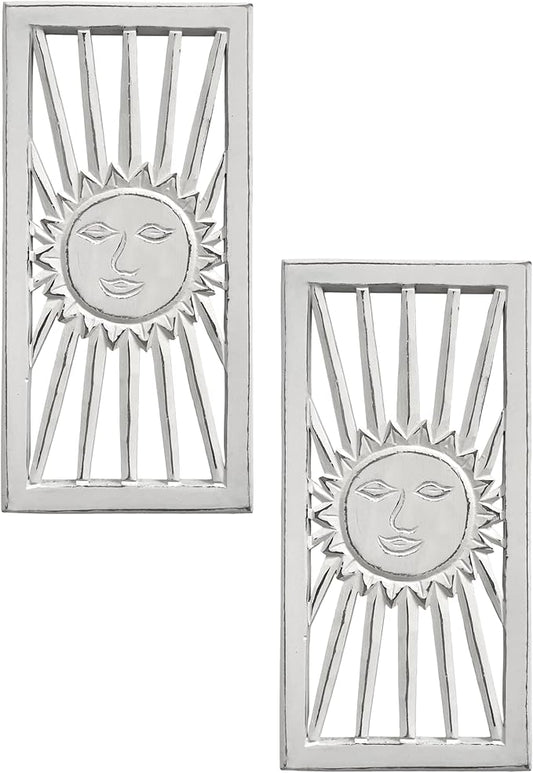 Wood Wall Art - Wall Panels in Handcrafted Carved Wood For Livingroom Bedroom,Dining room,Elegant Decorative Wall Art for Home & Office 8x16" Set of 2 White Antique_Sun Burst Designs