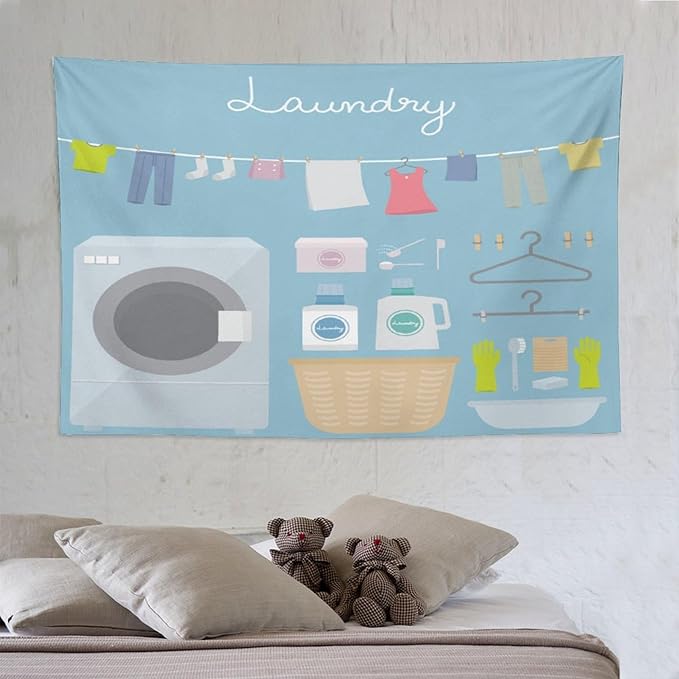 ZhiRain Laundry Room Tapestry Wall Hanging Blue Cartoon Wash Dry Fold Tapestries Home Decor for Living Room Bedroom Farmhouse Apartment Dorm 60"x90"