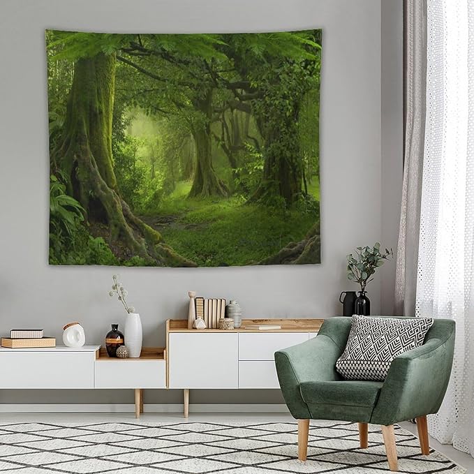 ZhiRain Misty Forest Tapestry Wall Hanging Green Tree in Jungle Forest Nature Scenery Woodland Backdrop Tapestries Home Decor for Living Room Bedroom Farmhouse Apartment Dorm 50"x60"