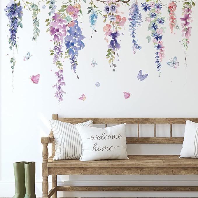 Zonon 6 Pcs Flowers Wall Decals Stickers Vinyl Removable Peel and Stick Colorful Dragonflies Floral Wall Murals Decor for Bedroom Living Room Nursery(Elegant)